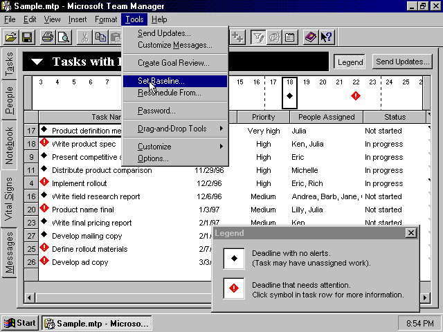 Microsoft Team Manager 97 showing a task list, schedule, Tools menu, and deadline legend