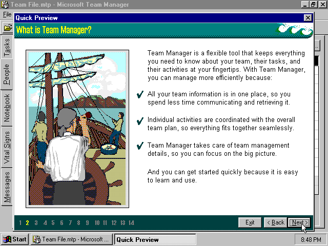 Microsoft Team Manager 97 showing the What is Team Manager quick preview