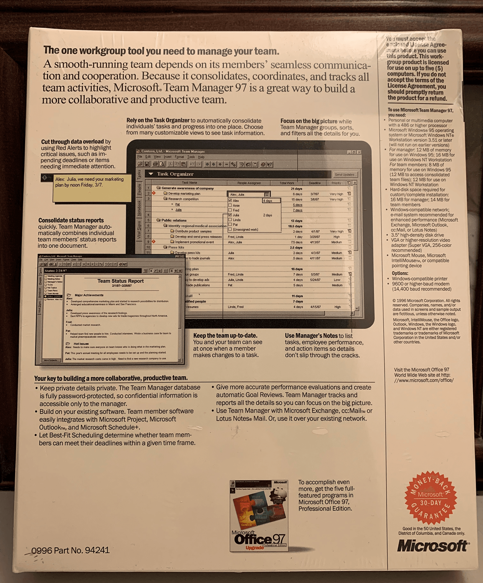 Rear of the shrink-wrapped Microsoft Team Manager 97 retail box