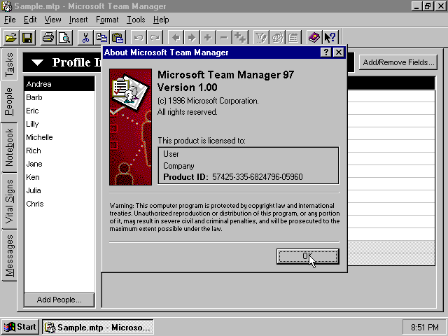 Microsoft Team Manager 97 running on Windows with its About dialog open