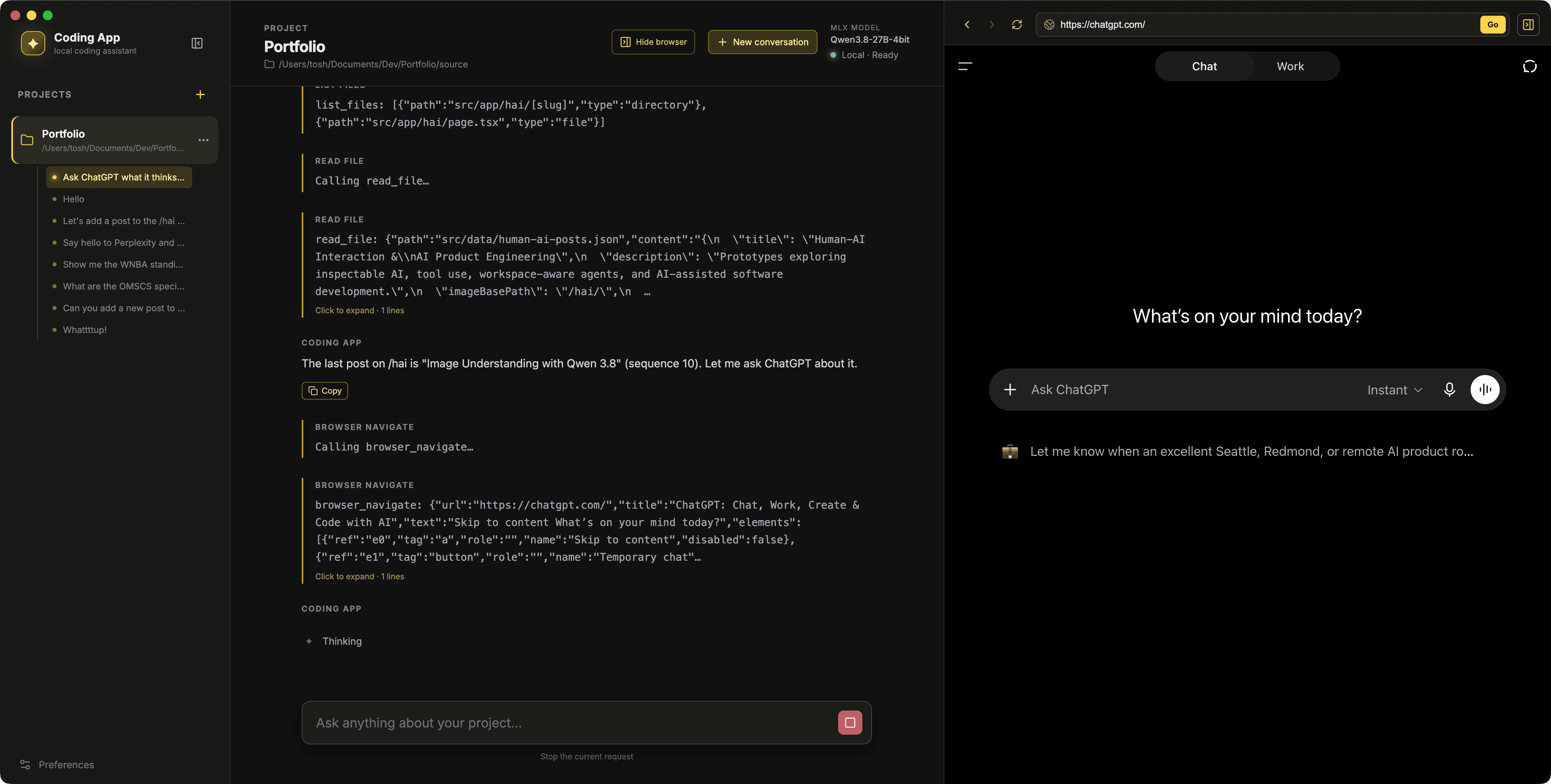 Coding App showing an integrated browser open to ChatGPT while the local agent calls browser navigation tools.