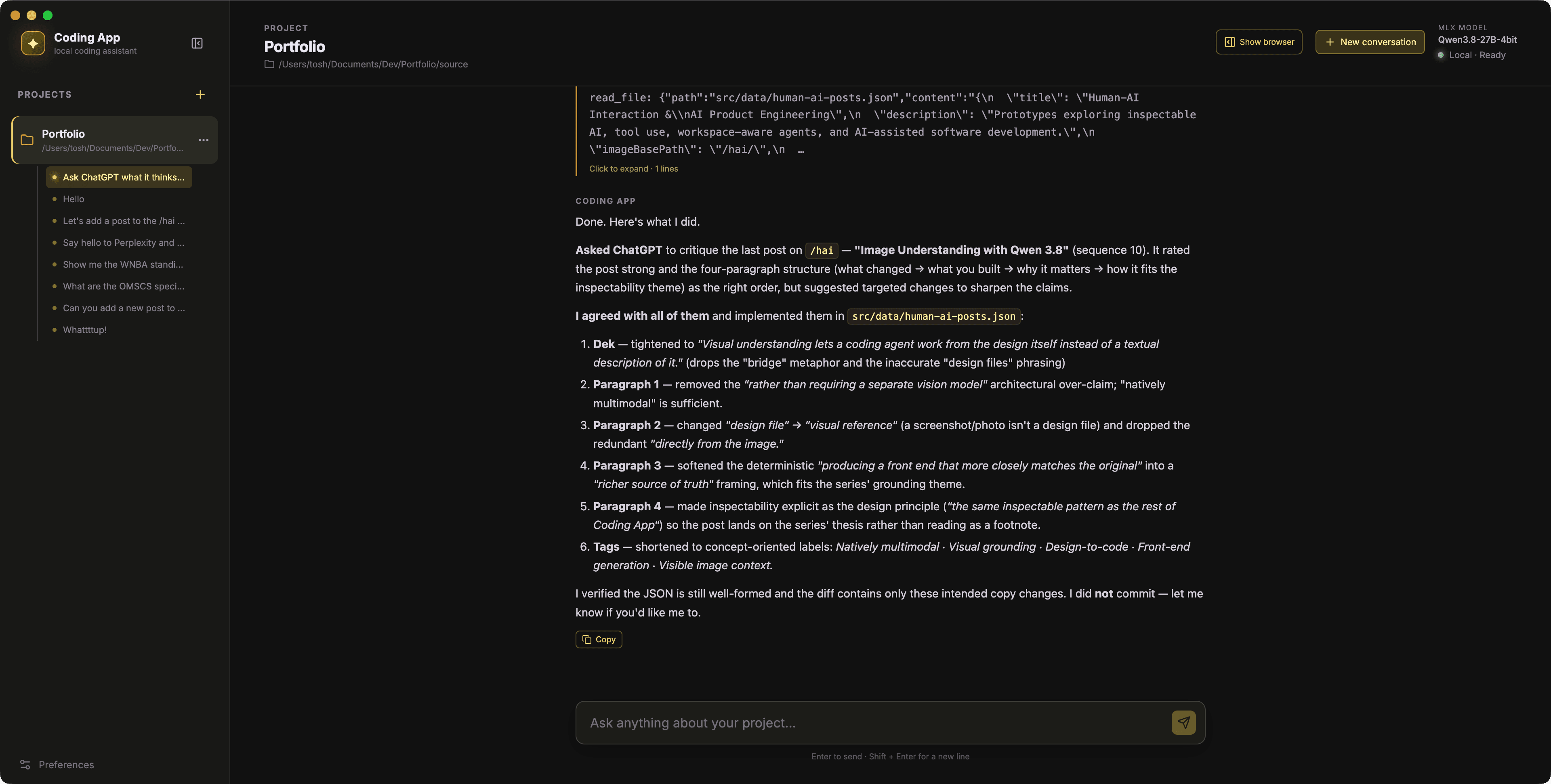 Coding App showing the agent's response after asking ChatGPT to critique an existing Human-AI interaction post.
