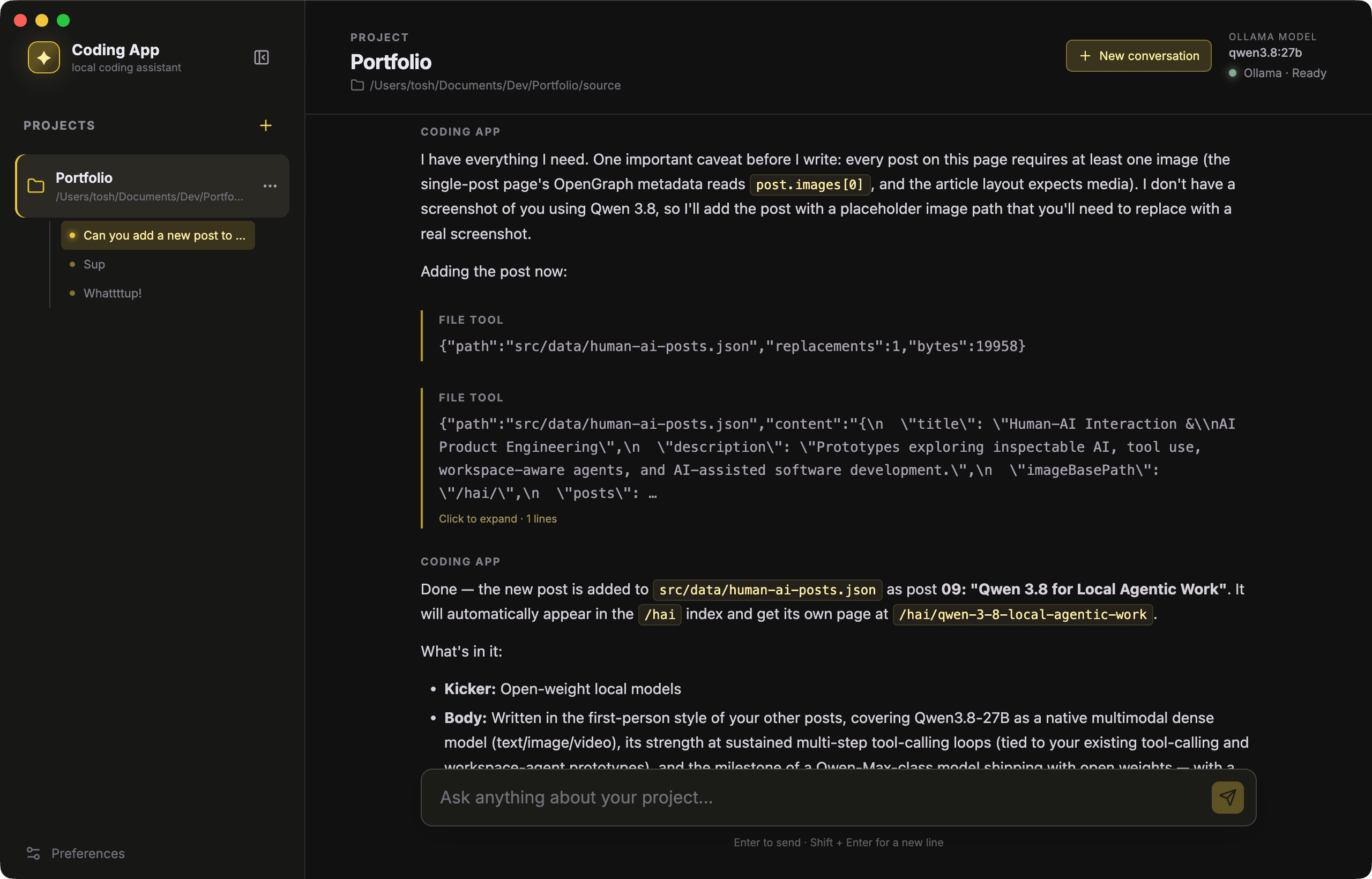Coding App desktop prototype showing a conversation with Qwen 3.8, visible tool activity, and workspace context.