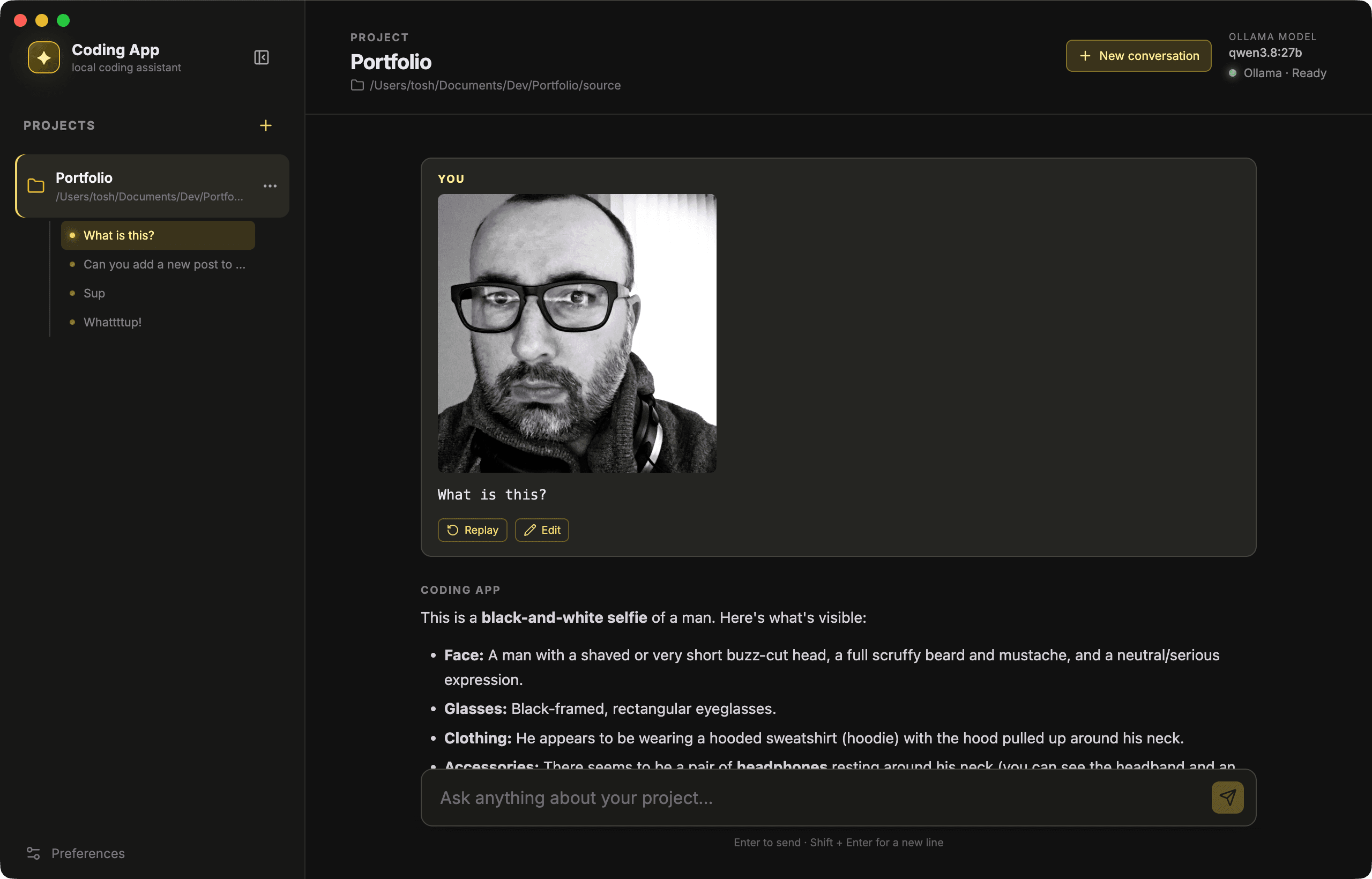 Coding App prototype showing a design image attached to the conversation and the model grounding front-end code generation in the visual design.