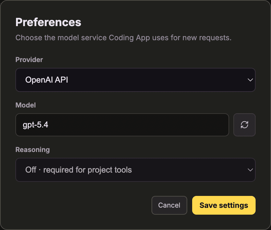 Coding App preferences showing OpenAI API selected as the provider and GPT-5.4 configured for tool-compatible project work.