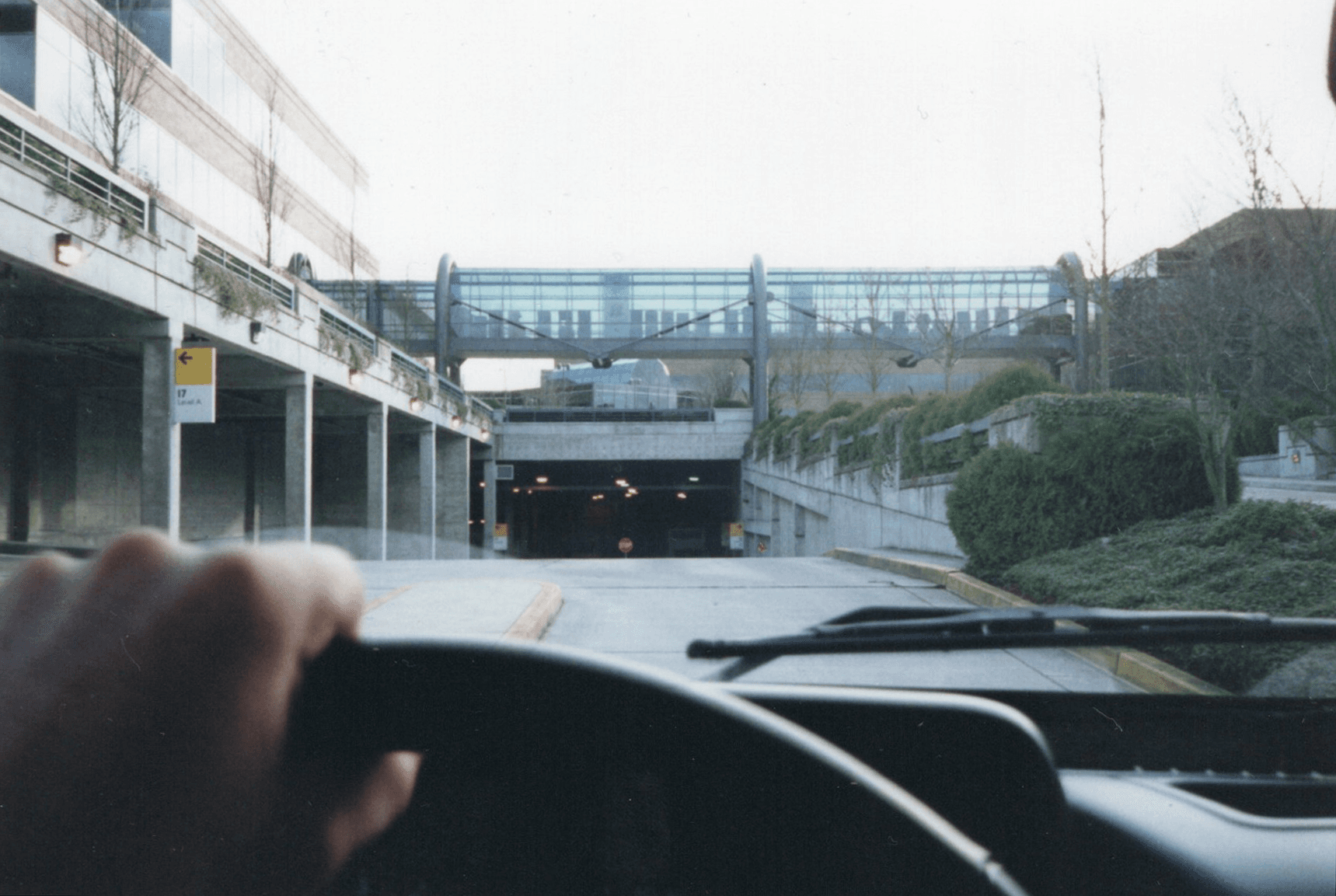 The view through a car windshield arriving at the Microsoft campus