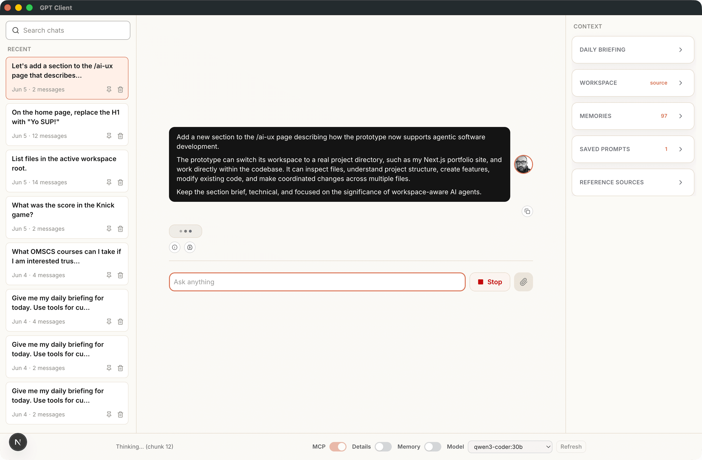 AI agent showing a prompt that references the workspace and project structure.