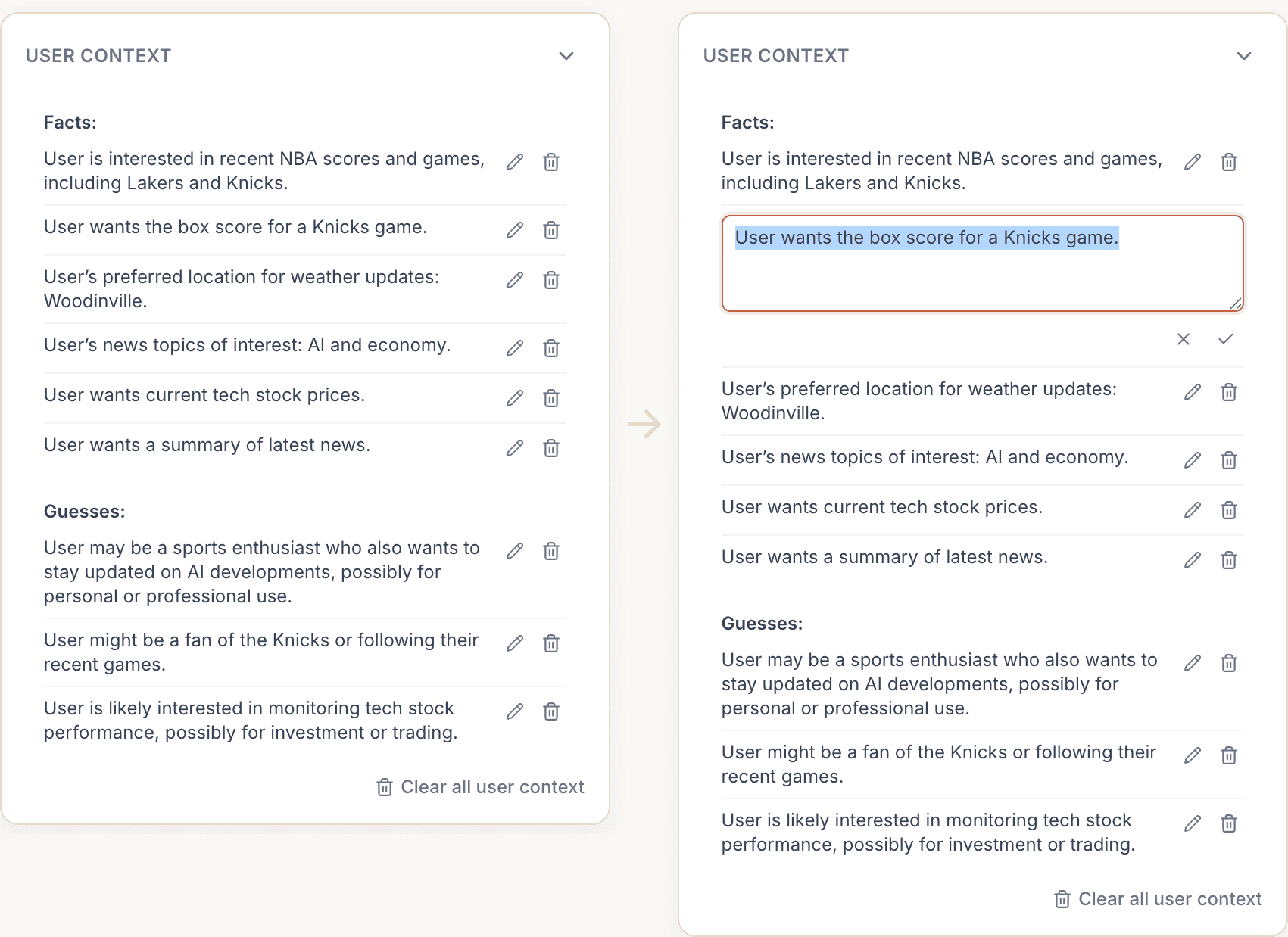 human-AI prototype showing editable facts and guesses gathered from user interactions.