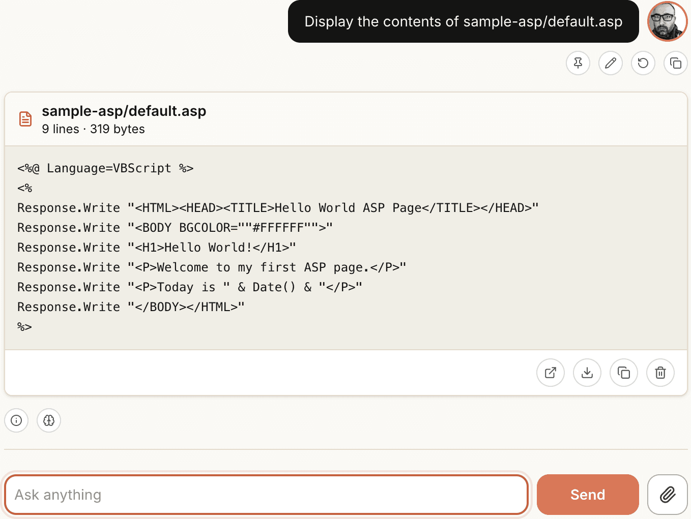human-AI prototype showing the generated default.asp file contents.