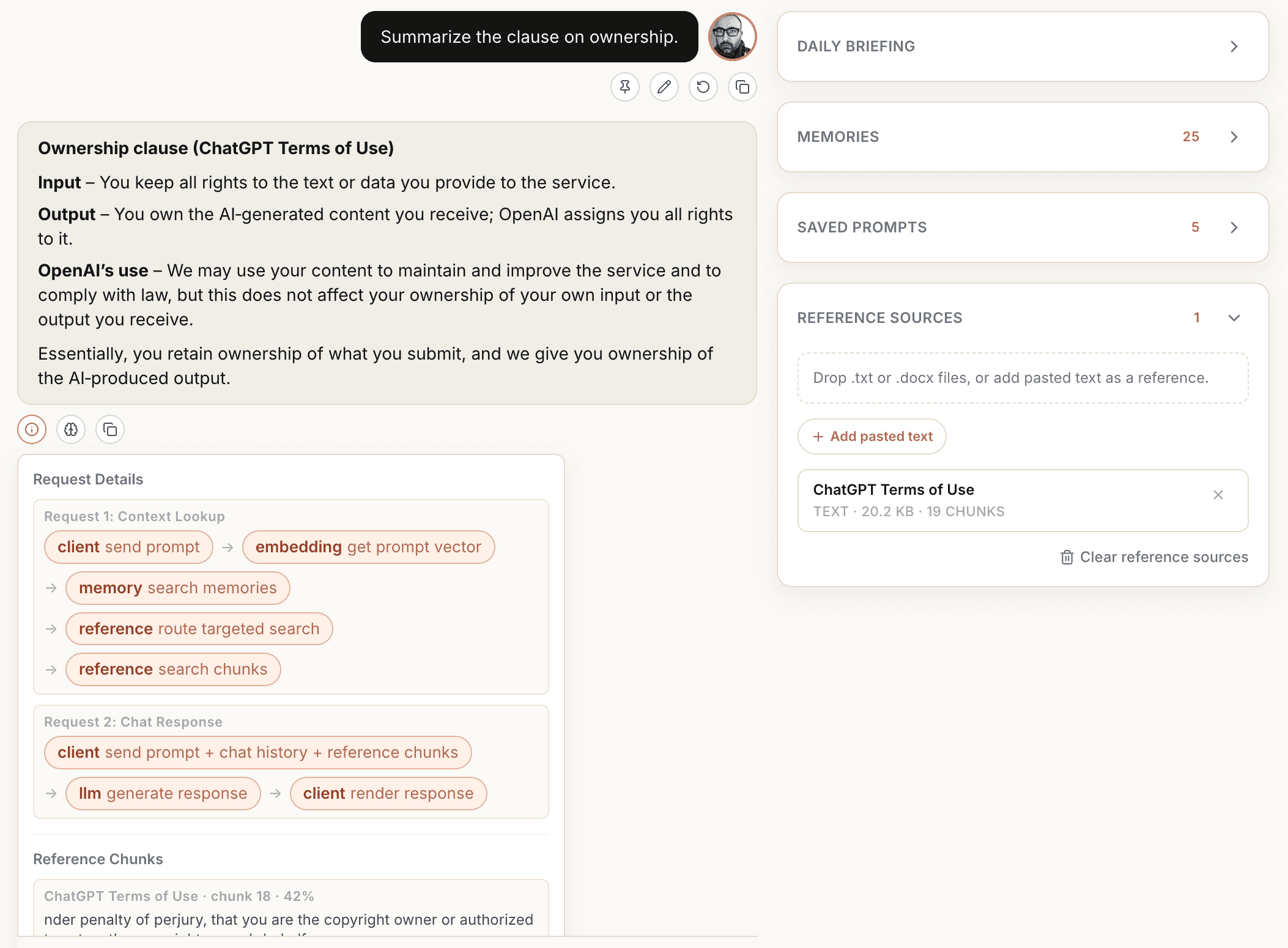 human-AI prototype showing RAG request details and reference source controls.