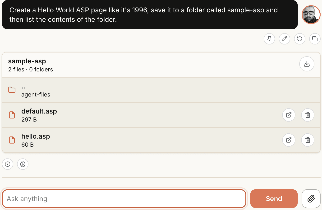 human-AI prototype showing a generated folder contents card from filesystem tool calls.